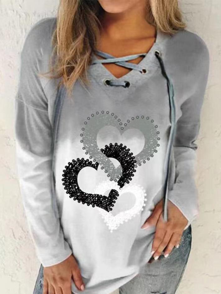 Women's Hoodies V-Neck Drawstring Gradient Color Heart Print Hoodie - LuckyFash™