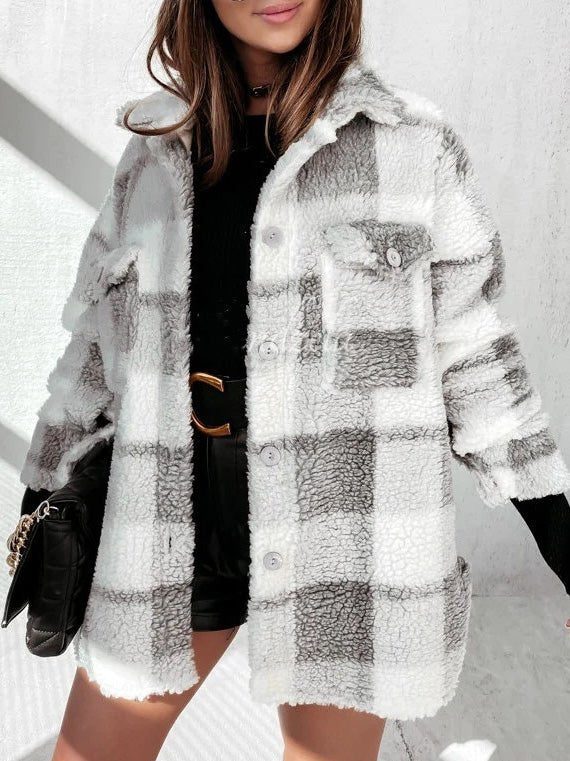 Women's Jackets Check Double Pocket Long Sleeve Plush Jacket - LuckyFash™