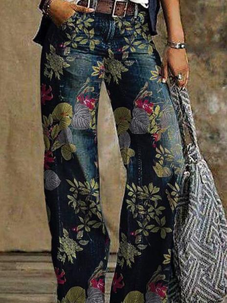 Women's Jeans Floral Print Casual Wide-Leg Jeans - LuckyFash™