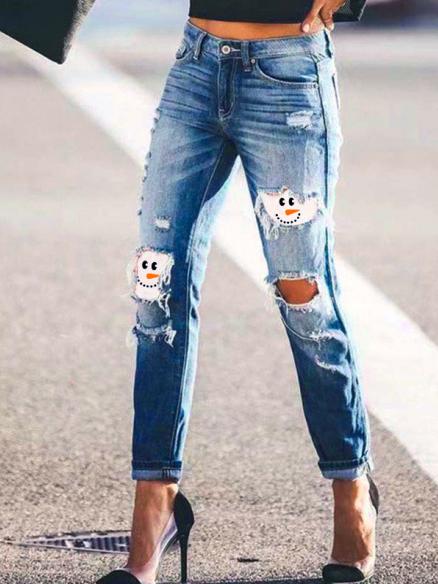 Jeans Snowman Print Ripped Skinny Jeans - LuckyFash™