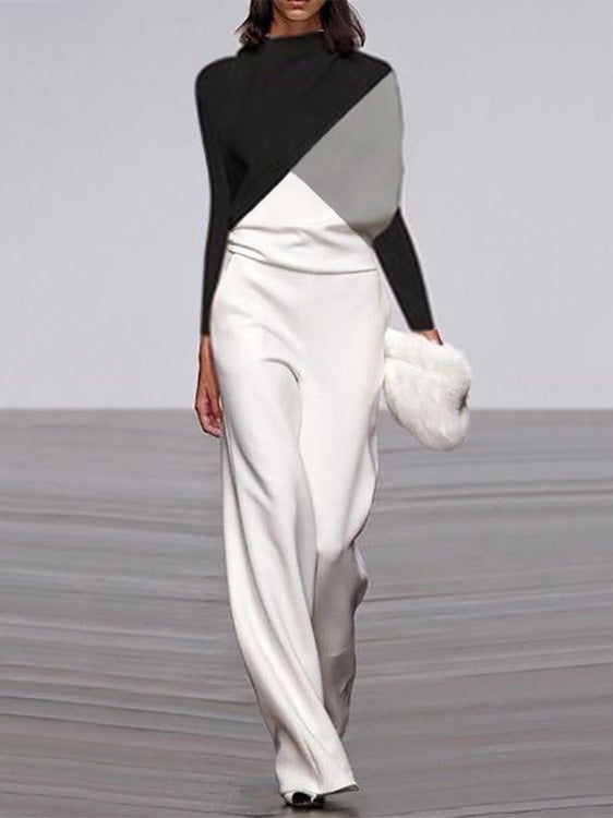 Women's Jumpsuits Black And White Color Matching Long Sleeve Jumpsuit - LuckyFash™