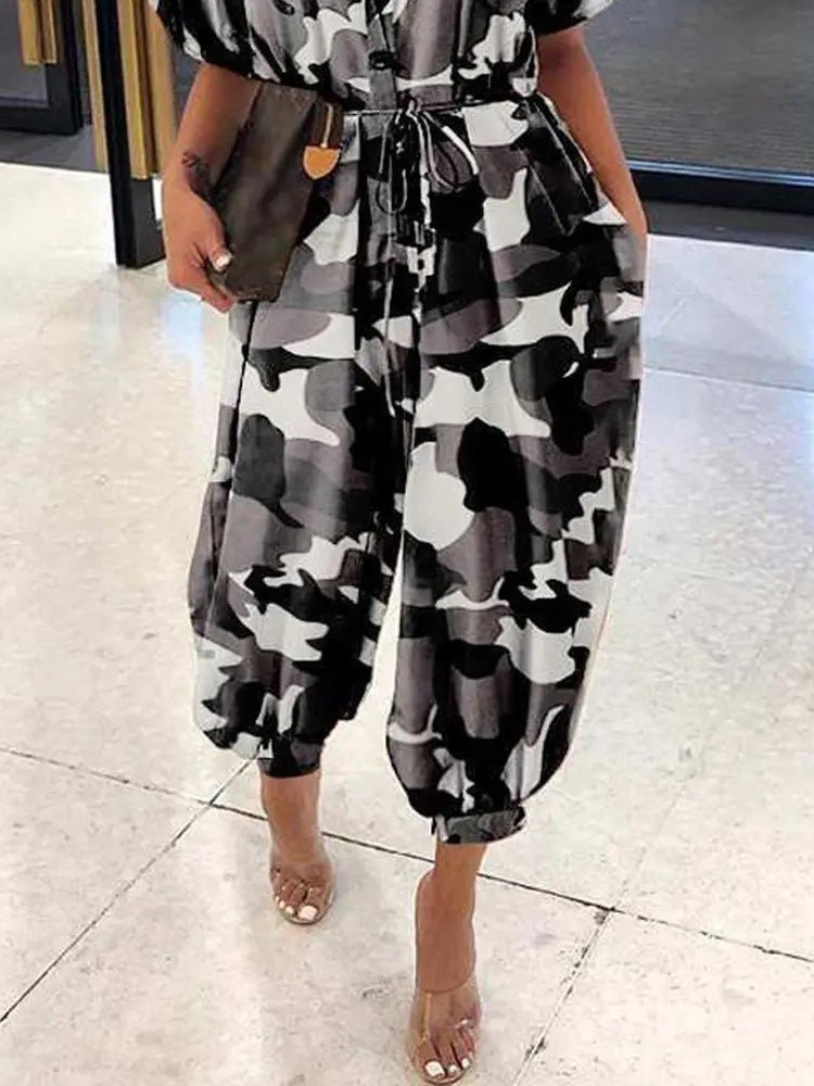 Women's Jumpsuits Camouflage Lapel Tie Button Casual Jumpsuit - LuckyFash™