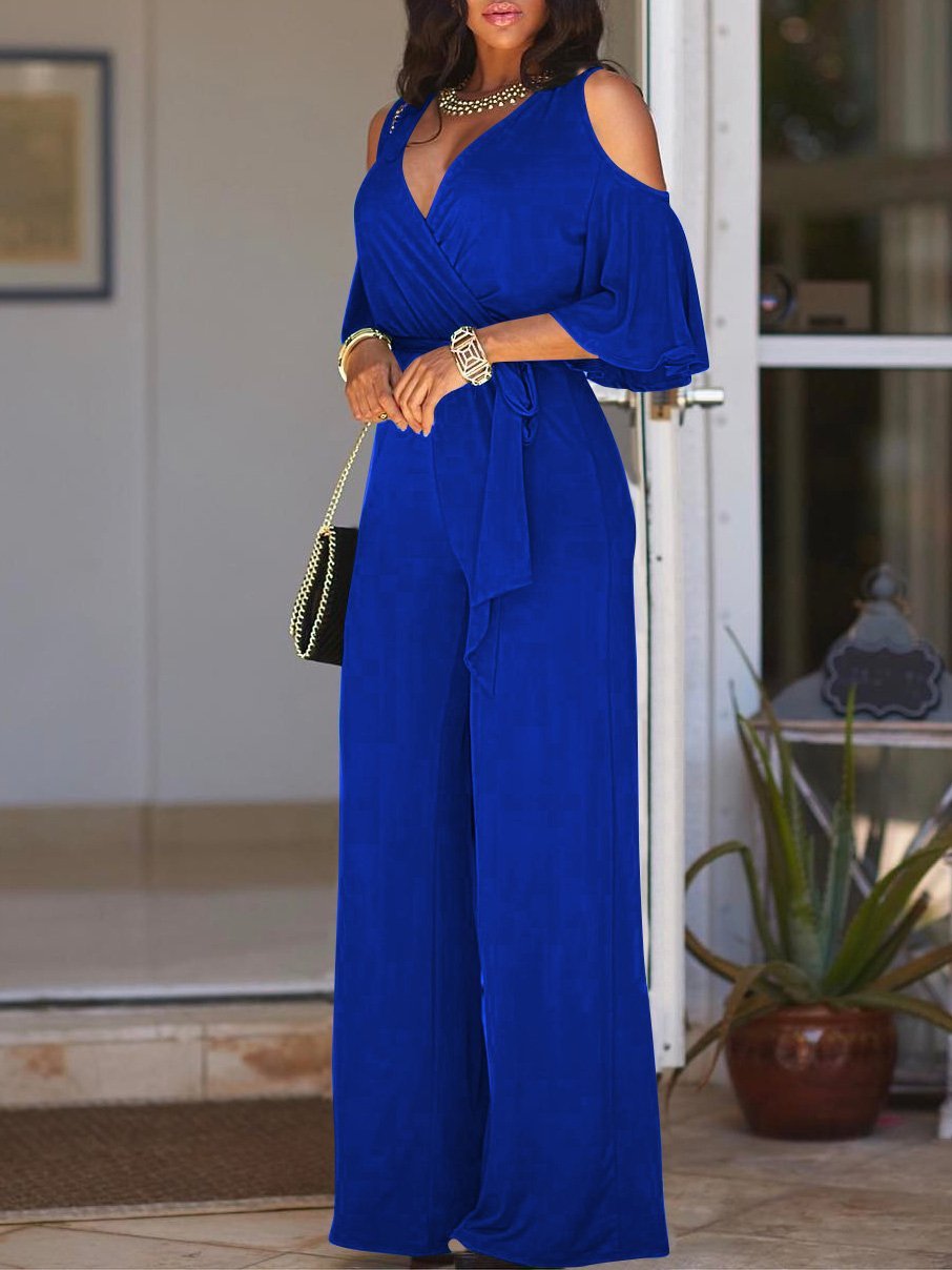 Women's Jumpsuits Deep V-Neck Off-Shoulder Belted Wide Leg Jumpsuit - LuckyFash™