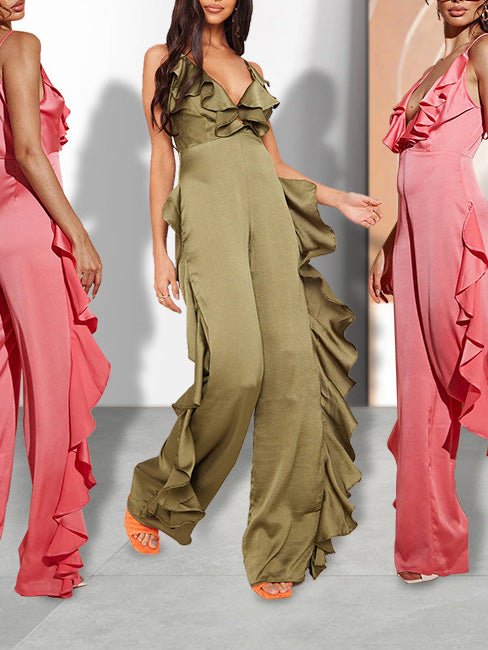 Women's Jumpsuits Deep V Neck Open Back Ruffle Jumpsuit - LuckyFash™