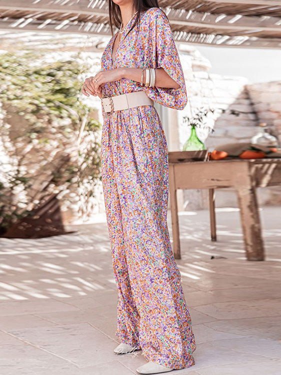 Women's Jumpsuits Floral V-Neck Short Sleeve Straight Jumpsuit - LuckyFash™