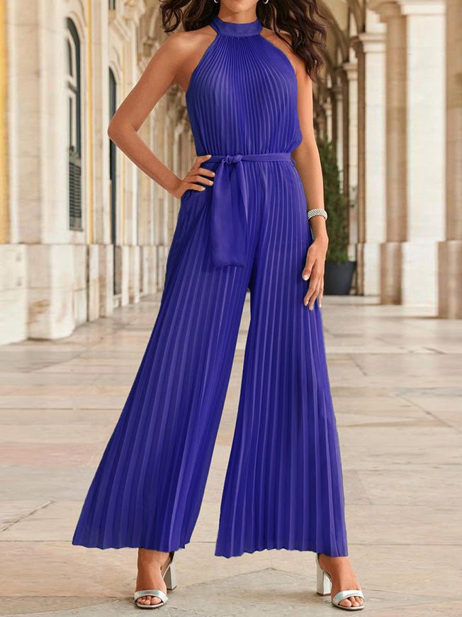 Women's Jumpsuits Halterneck Sleeveless Pleated Wide-Leg Jumpsuit - LuckyFash™
