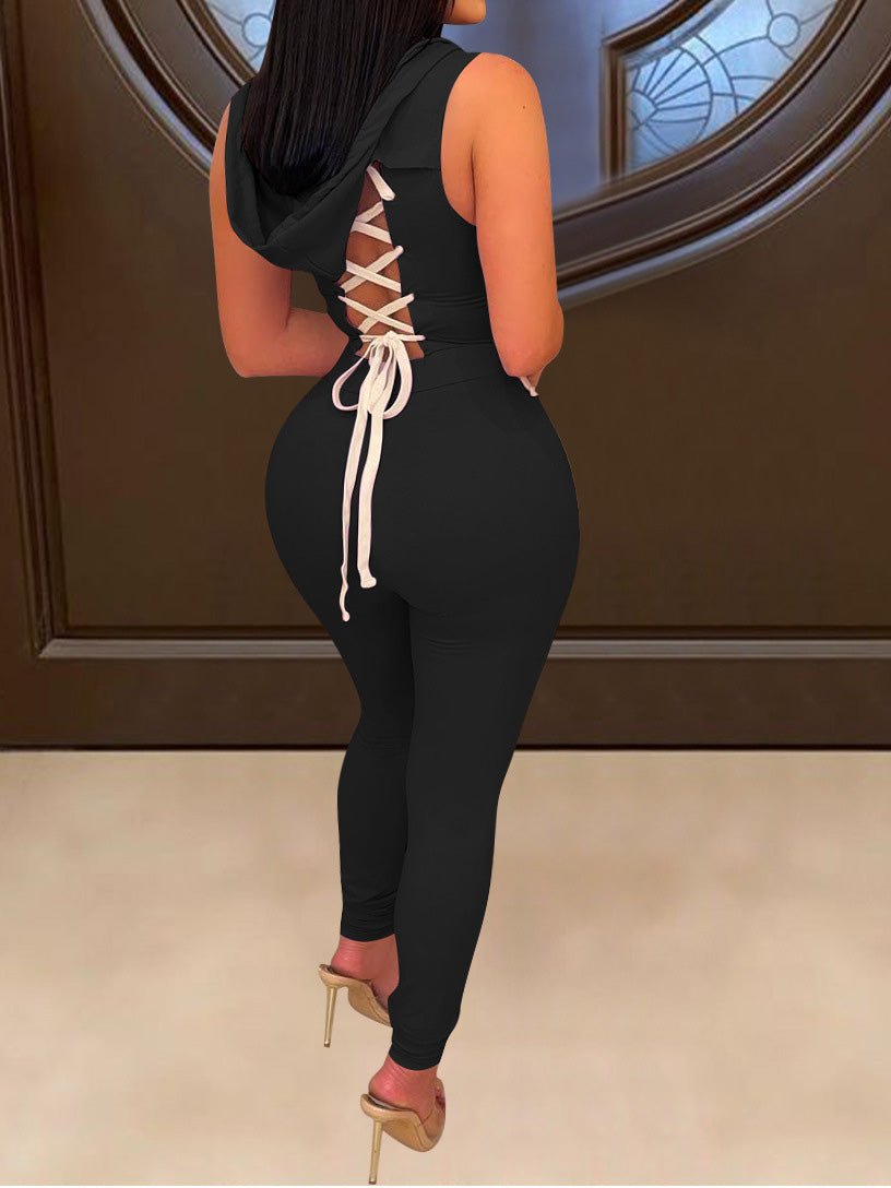 Women's Jumpsuits Lace-Up Zip Slim Fit Hooded Jumpsuit - LuckyFash™