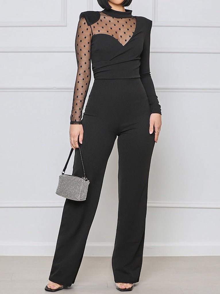 Women's Jumpsuits Mesh Polka Dot Panel Long Sleeve Jumpsuit - LuckyFash™