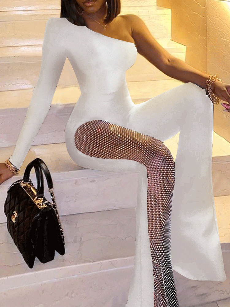 Women's Jumpsuits One-Shoulder Long Sleeve Sequin Stitching Jumpsuit - LuckyFash™