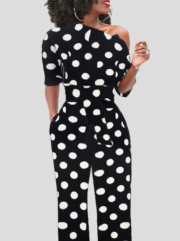 Women's Jumpsuits Polka Dot Print One Shoulder Belted Jumpsuit - LuckyFash™