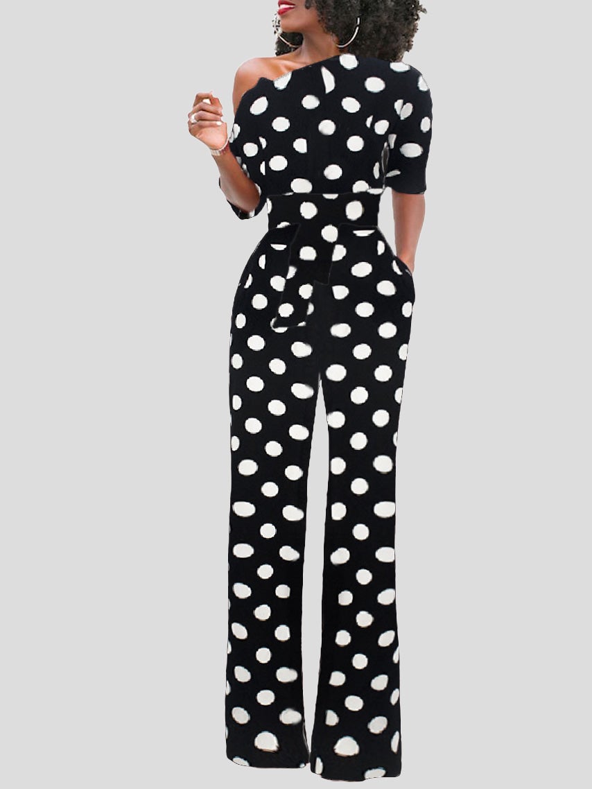 Women's Jumpsuits Polka Dot Print One Shoulder Belted Jumpsuit - LuckyFash™