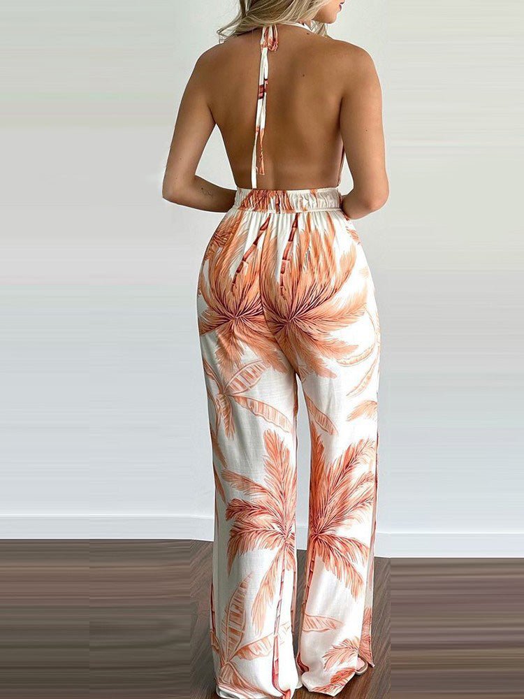 Women's Jumpsuits Printed Halterneck Open Back Slit Jumpsuit - LuckyFash™