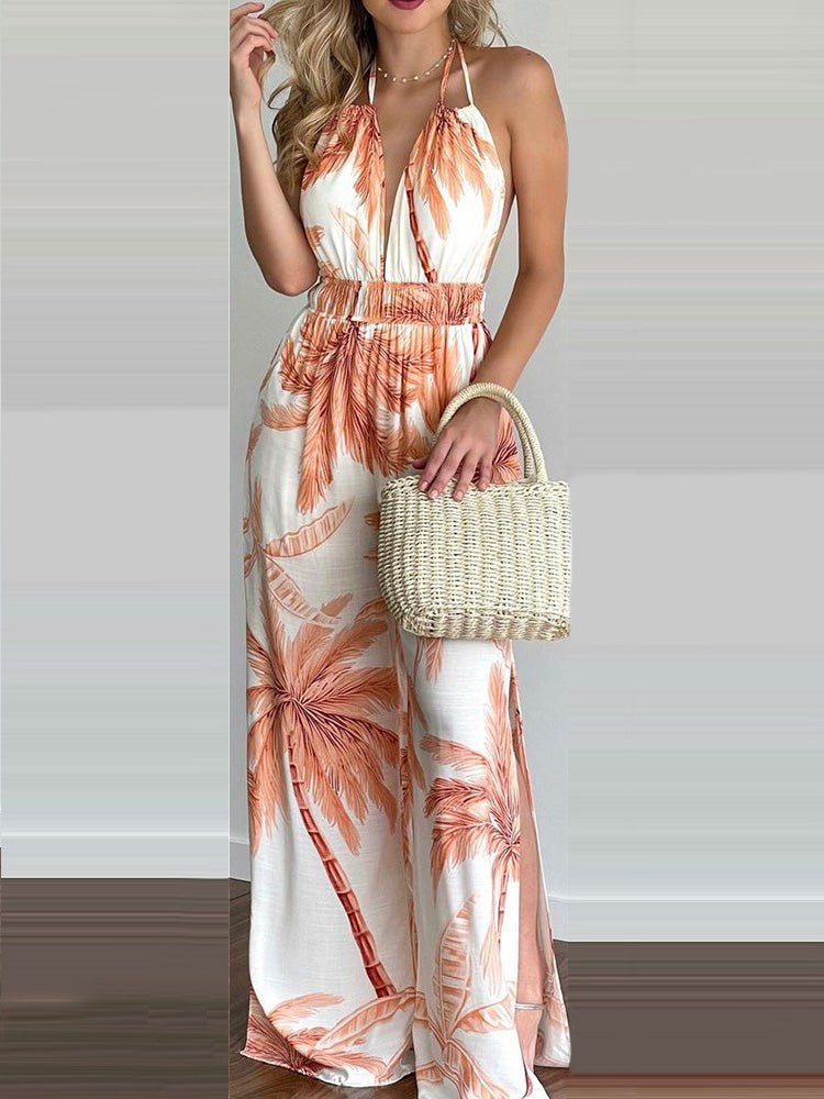 Women's Jumpsuits Printed Halterneck Open Back Slit Jumpsuit - LuckyFash™