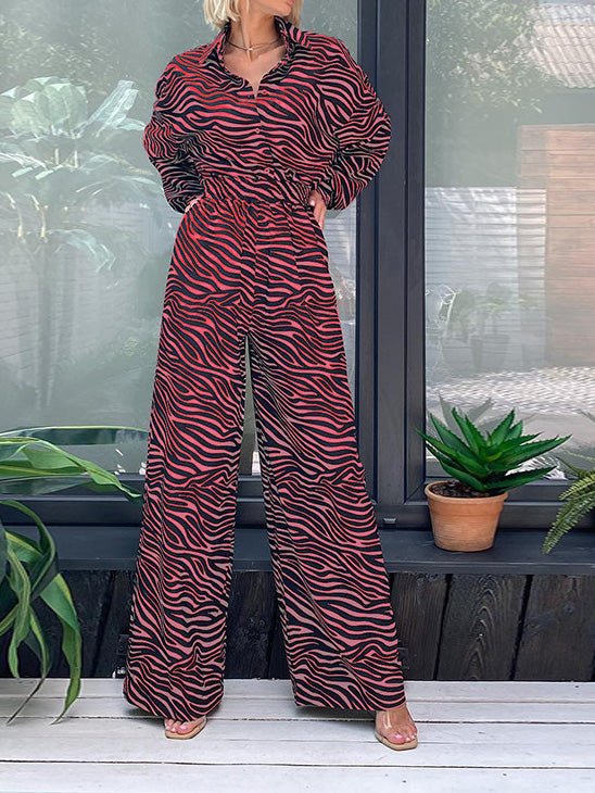 Women's Jumpsuits Printed Lapel Long Sleeve High Waist Casual Jumpsuit - LuckyFash™