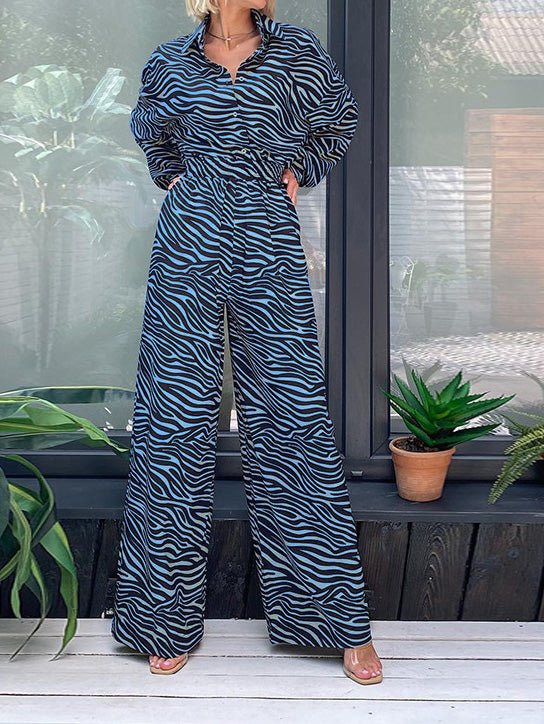 Women's Jumpsuits Printed Lapel Long Sleeve High Waist Casual Jumpsuit - LuckyFash™