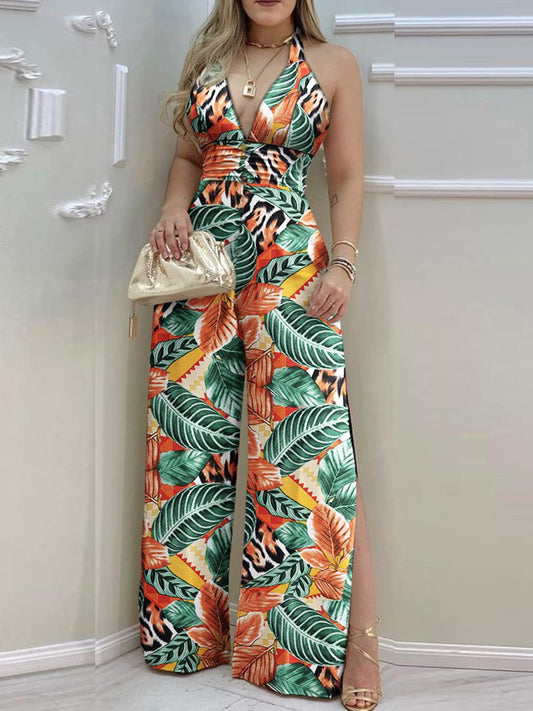 Women's Jumpsuits Printed V-Neck Backless High Waist Slit Jumpsuit - LuckyFash™