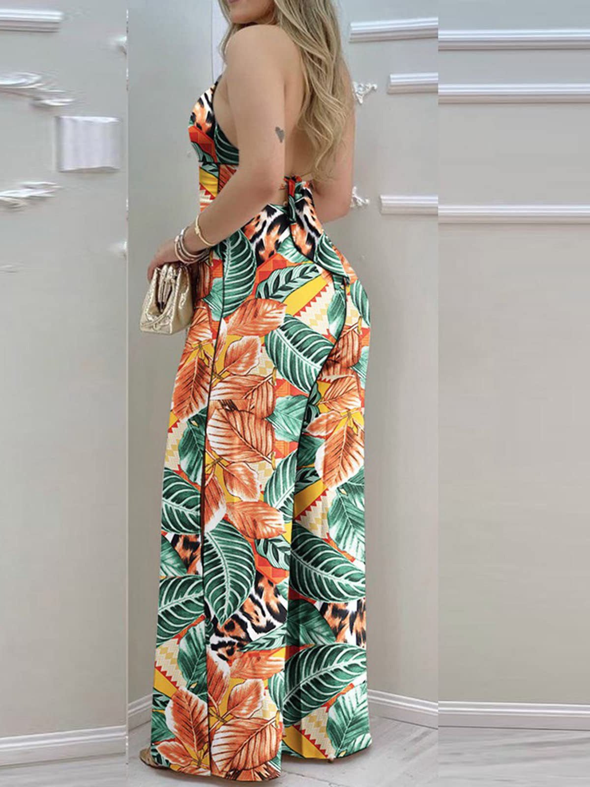 Women's Jumpsuits Printed V-Neck Backless High Waist Slit Jumpsuit - LuckyFash™