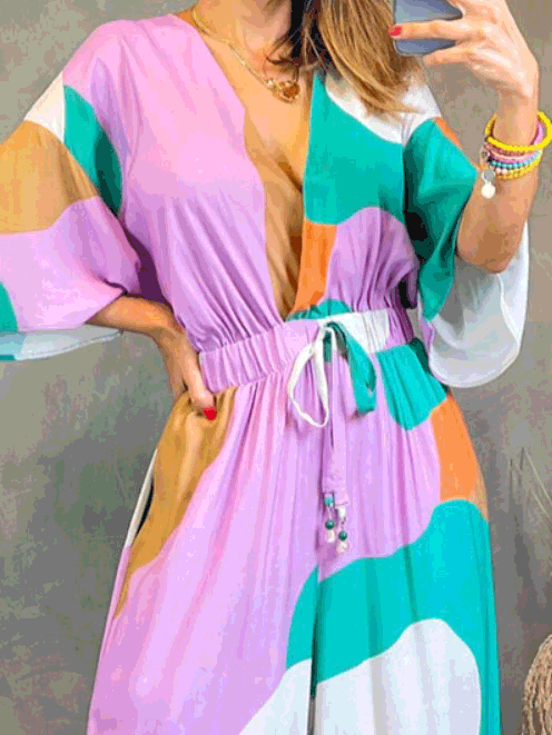 Women's Jumpsuits Printed V-Neck Short Sleeve Drawstring Jumpsuit - LuckyFash™