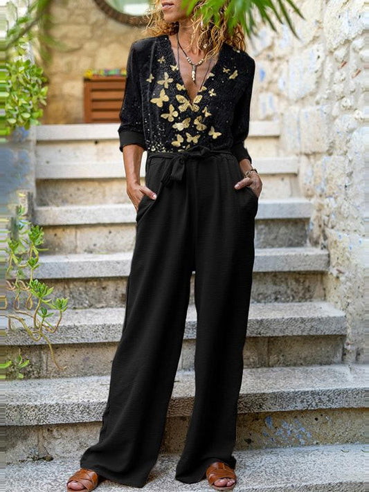 Women's Jumpsuits Retro Print Long Sleeve Pocket Jumpsuit - LuckyFash™