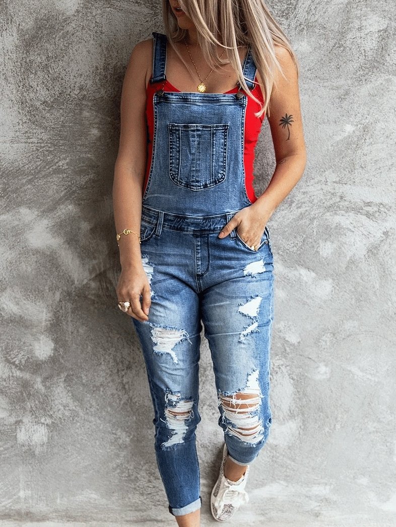 Women's Jumpsuits Retro Ripped Elastic Denim Suspenders Jumpsuit - LuckyFash™