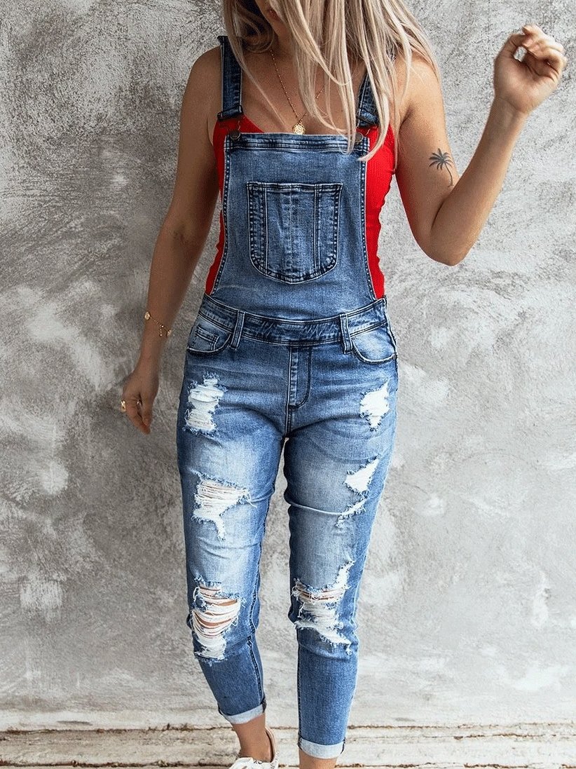 Women's Jumpsuits Retro Ripped Elastic Denim Suspenders Jumpsuit - LuckyFash™