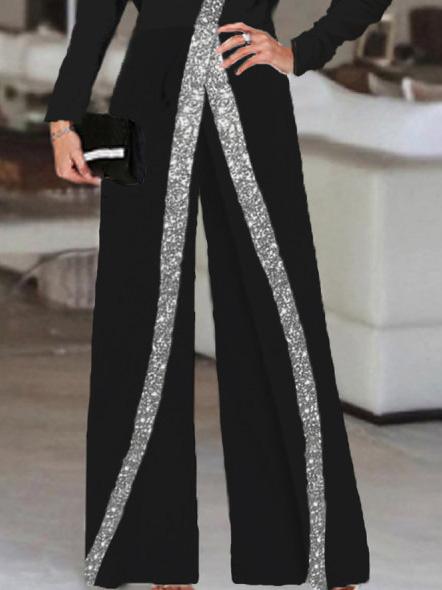 Jumpsuits Sequin Paneling Slanted Shoulder Long Sleeve Wide Leg Jumpsuit - LuckyFash™