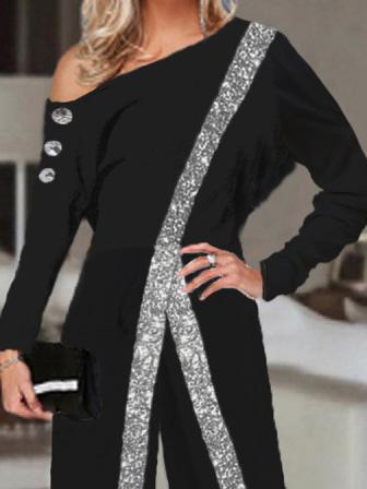 Jumpsuits Sequin Paneling Slanted Shoulder Long Sleeve Wide Leg Jumpsuit - LuckyFash™