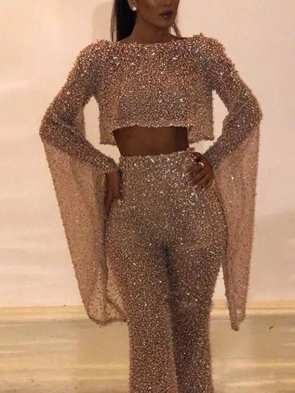 Women's Jumpsuits Shiny Hollow Long Sleeve Open Back Jumpsuit - LuckyFash™