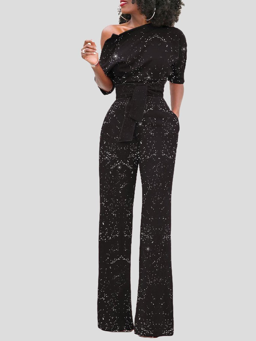Women's Jumpsuits Shiny Print One Shoulder Belted Jumpsuit - LuckyFash™