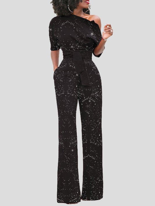 Women's Jumpsuits Shiny Print One Shoulder Belted Jumpsuit - LuckyFash™