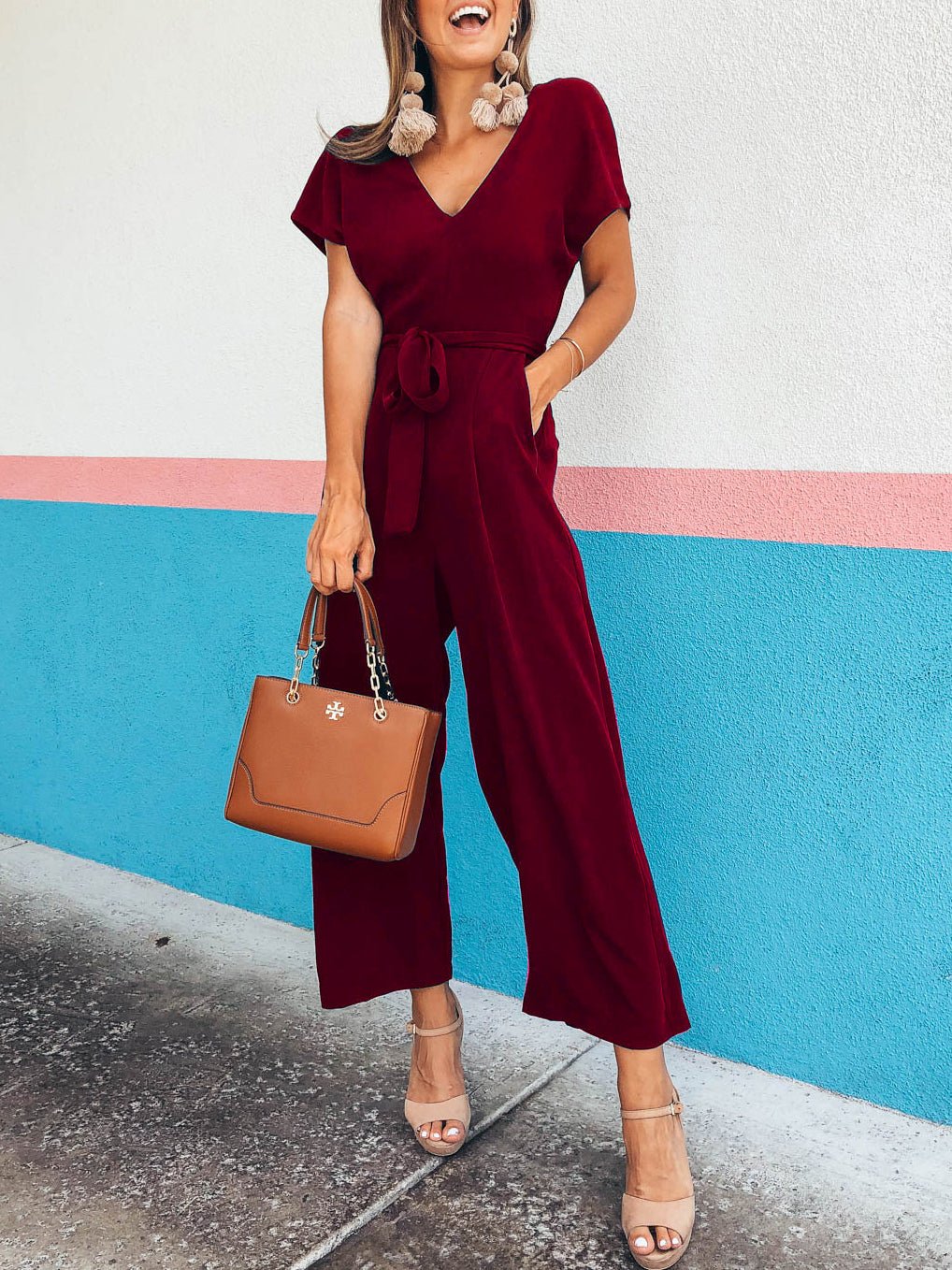 Women's Jumpsuits Short Sleeve V-Neck Belted Pocket Jumpsuit - LuckyFash™
