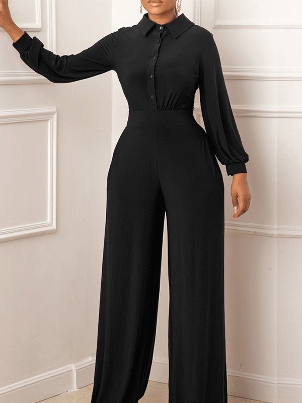 Women's Jumpsuits Single-Breasted Long Sleeve Straight Slim Fit Jumpsuit - LuckyFash™