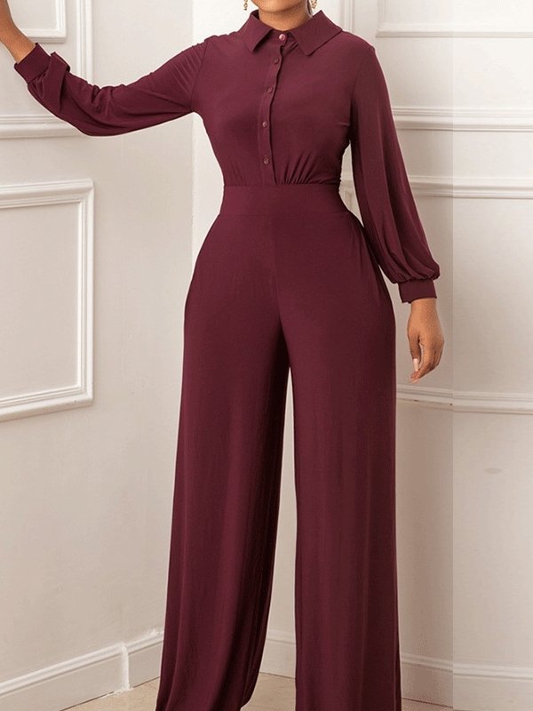 Women's Jumpsuits Single-Breasted Long Sleeve Straight Slim Fit Jumpsuit - LuckyFash™