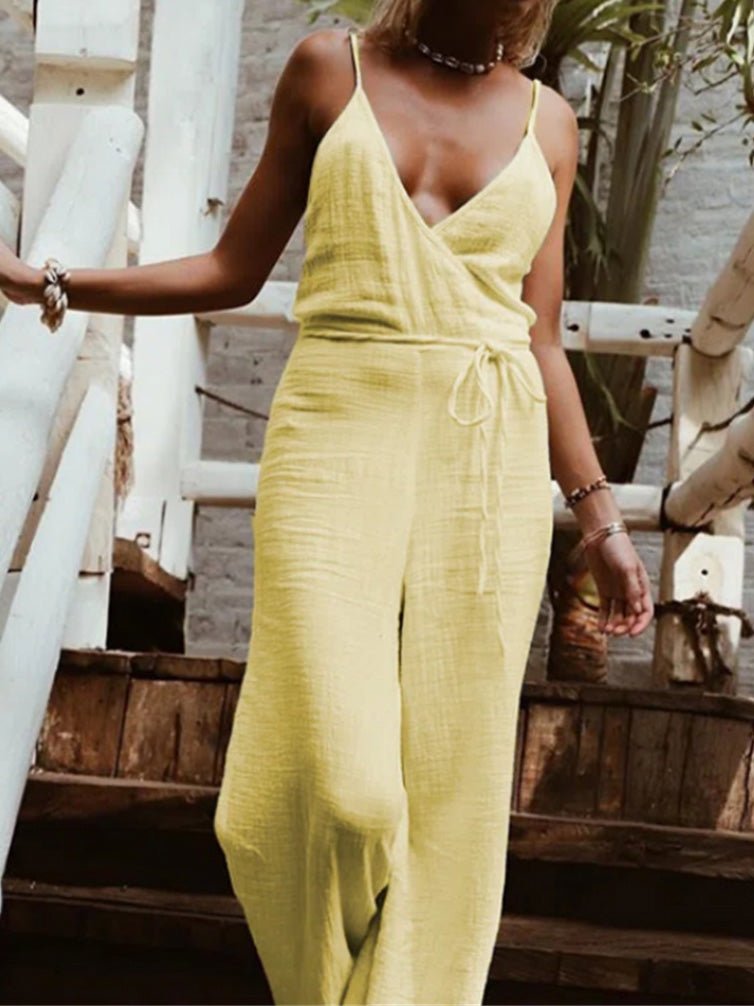 Women's Jumpsuits Sling V-Neck Belted Wide-Leg Jumpsuit - LuckyFash™