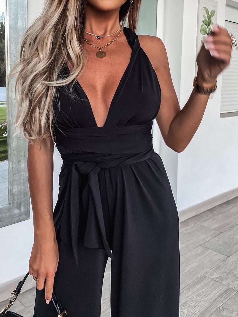 Women's Jumpsuits Solid Deep V-Neck Sleeveless Belted Jumpsuit - LuckyFash™