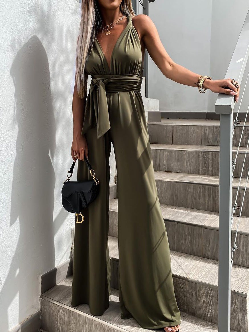 Women's Jumpsuits Solid Deep V-Neck Sleeveless Belted Jumpsuit - LuckyFash™