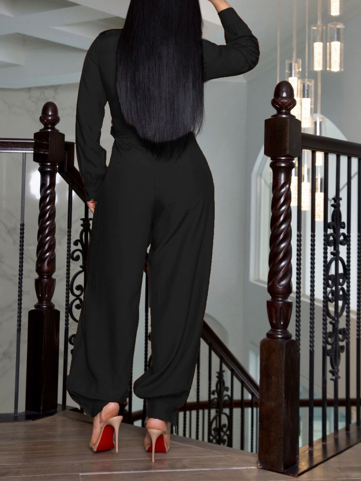 Jumpsuits Solid Lapel Button Pocket Belted Long Sleeve Jumpsuit - LuckyFash™