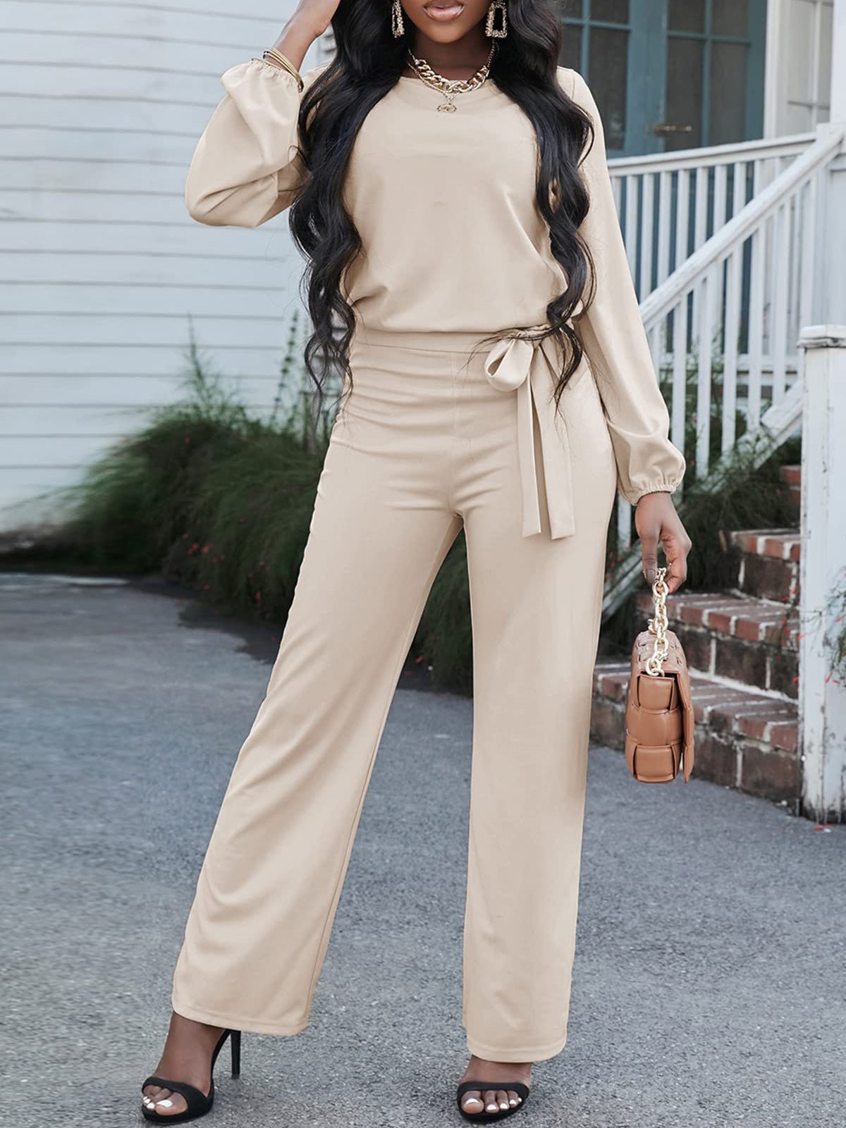 Women's Jumpsuits Solid Long Sleeve Belted Casual Jumpsuit - LuckyFash™