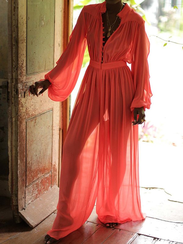 Women's Jumpsuits Solid Long Sleeve Chiffon Wide Leg Jumpsuit - LuckyFash™