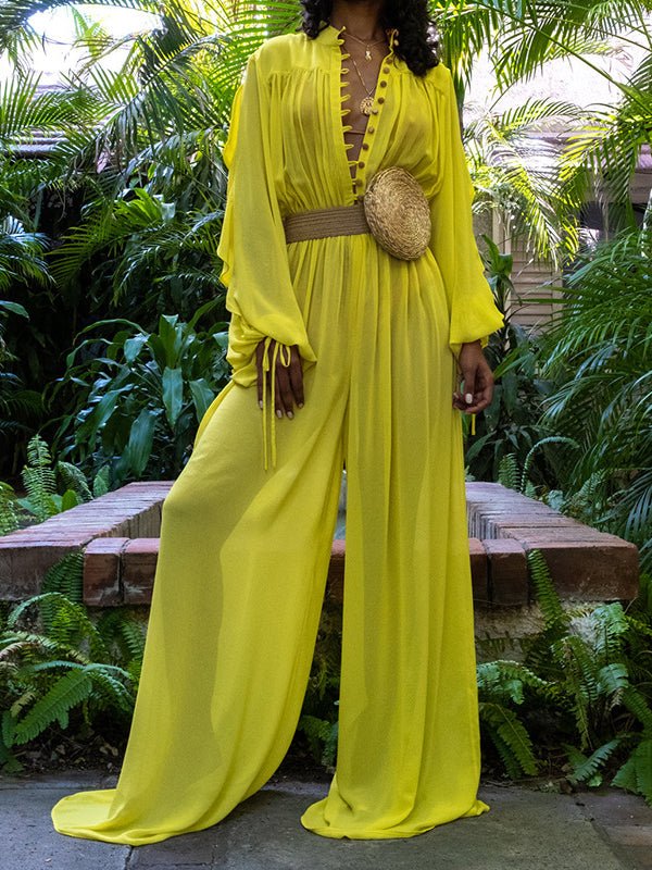 Women's Jumpsuits Solid Long Sleeve Chiffon Wide Leg Jumpsuit - LuckyFash™