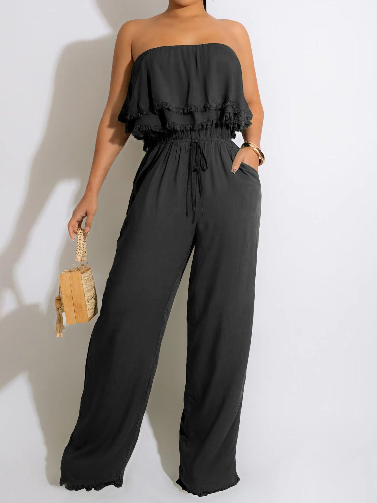 Women's Jumpsuits Solid Ruffle Tie Pocket Jumpsuit - LuckyFash™