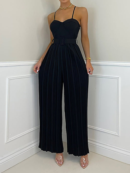 Women's Jumpsuits Solid Sling Belt Pleated Wide-Leg Jumpsuit - LuckyFash™