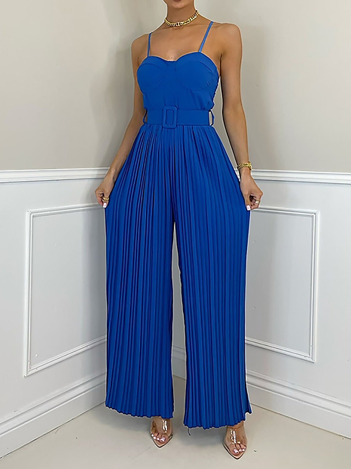 Women's Jumpsuits Solid Sling Belt Pleated Wide-Leg Jumpsuit - LuckyFash™