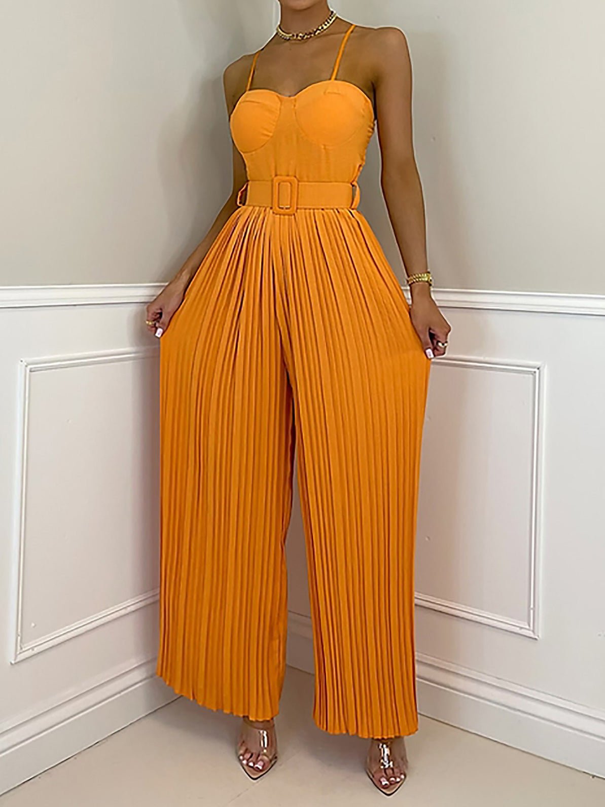 Women's Jumpsuits Solid Sling Belt Pleated Wide-Leg Jumpsuit - LuckyFash™