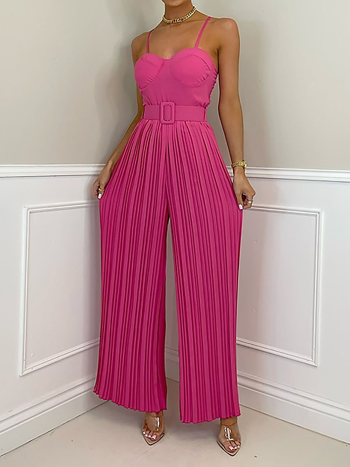 Women's Jumpsuits Solid Sling Belt Pleated Wide-Leg Jumpsuit - LuckyFash™