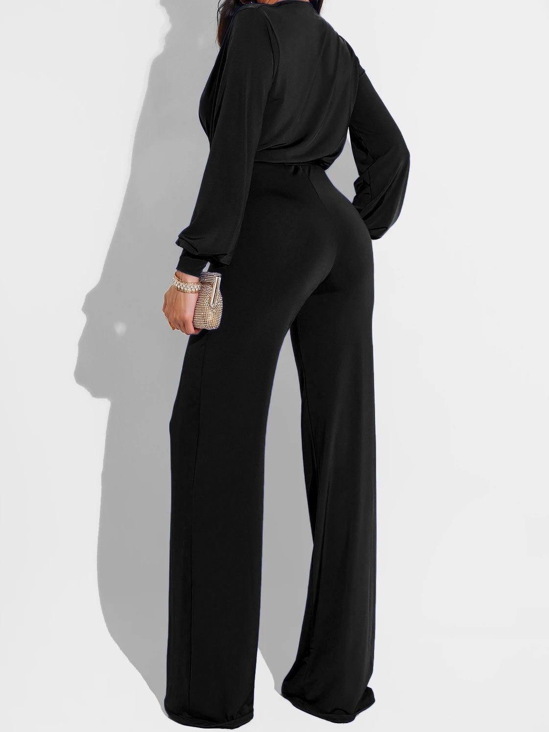 Women's Jumpsuits Solid V-Neck Belted Long Sleeve Jumpsuit - LuckyFash™