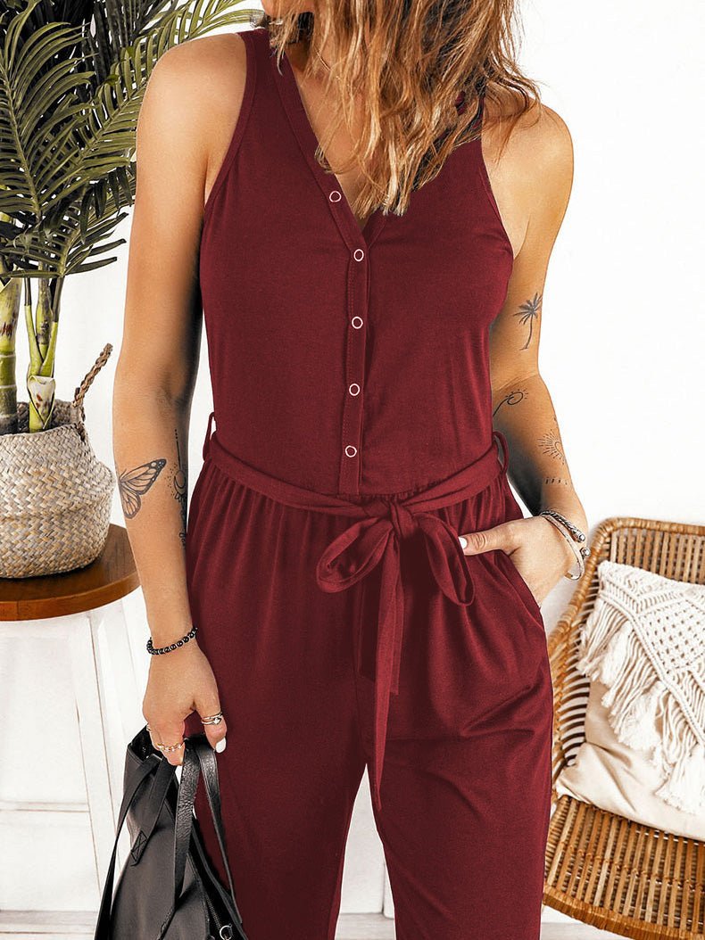 Women's Jumpsuits Solid V-Neck Belted Sleeveless Casual Jumpsuit - LuckyFash™