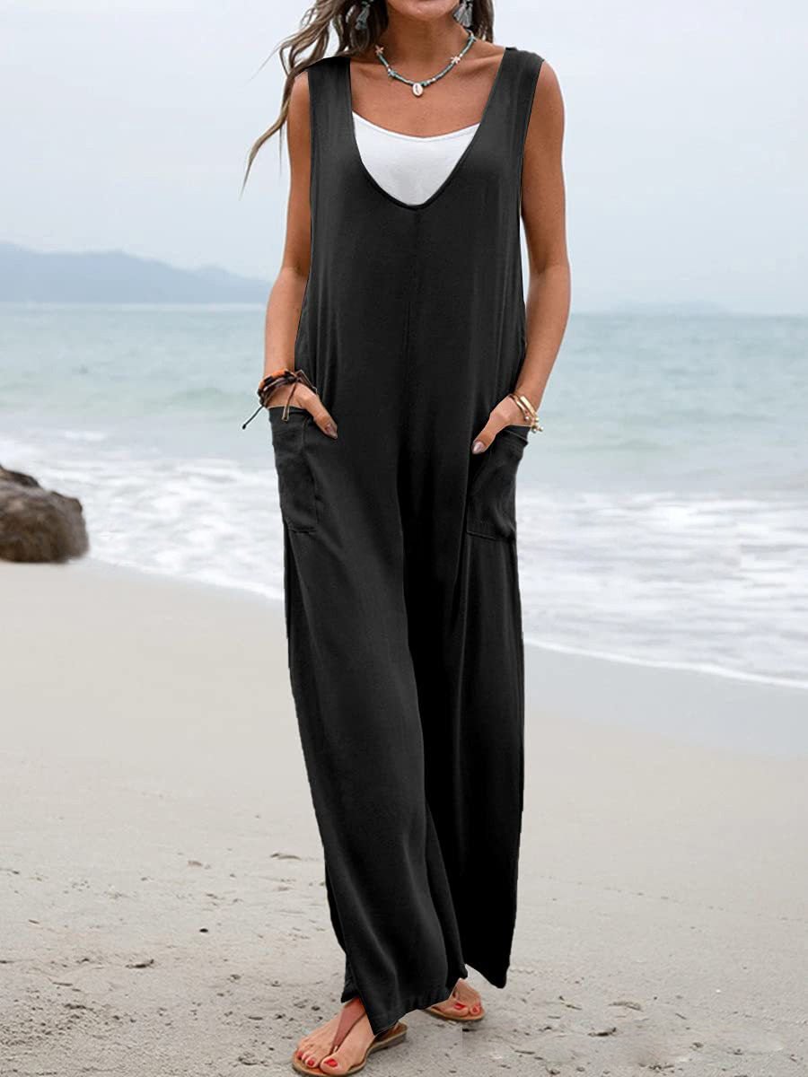 Women's Jumpsuits Solid V-Neck Pocket Wide-Leg Jumpsuit - LuckyFash™