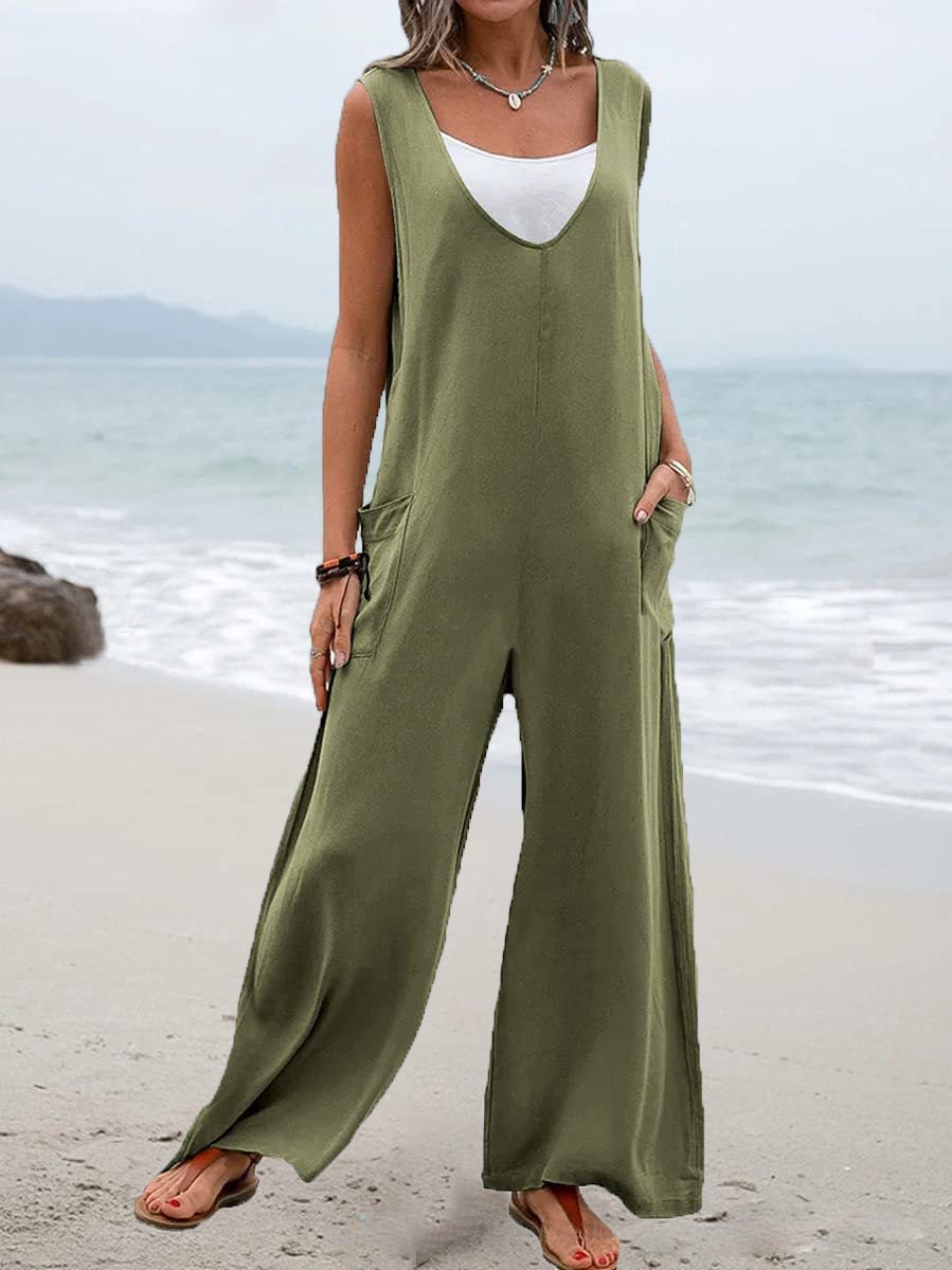 Women's Jumpsuits Solid V-Neck Pocket Wide-Leg Jumpsuit - LuckyFash™