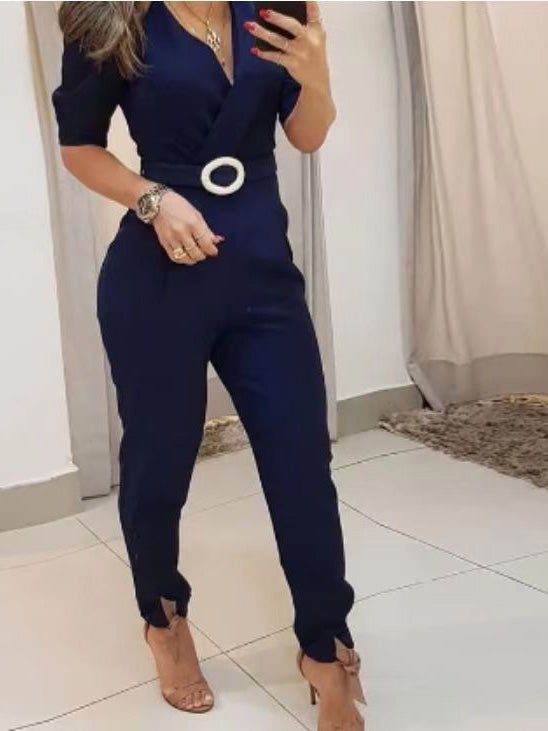 Women's Jumpsuits Solid V-Neck Puff Sleeve Jumpsuit - LuckyFash™